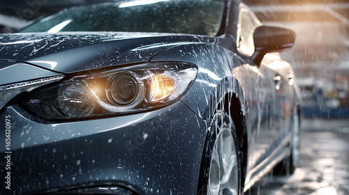 A car getting washed with soap suds during the cleaning process in carwash service. Vehicle cleaning and maintenance concept