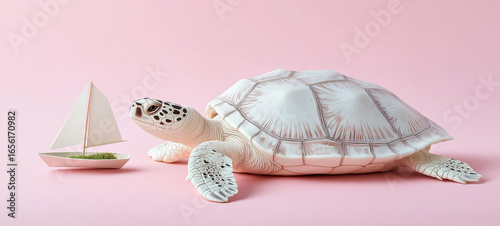 White turtle with toy sailboat on pink background