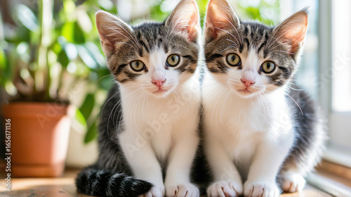 Adorable pair of tabby kittens sitting by a sunny window