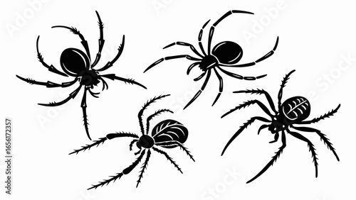 Collection of four black spider silhouettes with detailed legs and bodies on a white background