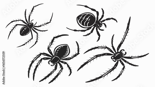 Collection of stylized black spider illustrations with detailed legs and bodies on a white background
