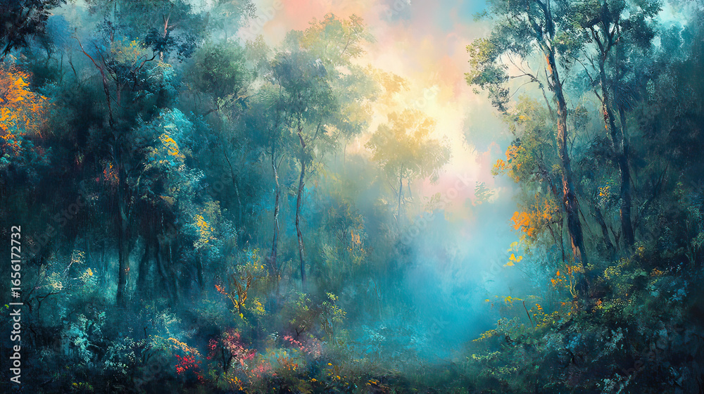 Fototapeta premium Rainforest with Thick Trees and Mist Hanging in the Air – AI Generative
