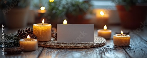 Warm holiday scene with candles scroll and blank card