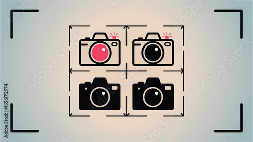 Conceptual Photo Camera Icons Arranged in a Grid Pattern with Framing Lines and Focus Indicator Symbols