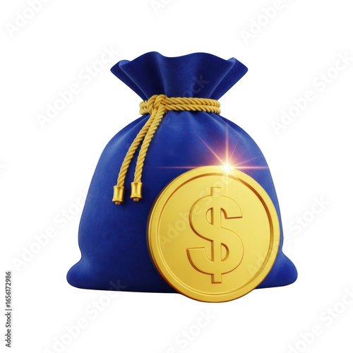 3d blue money bag with golden coin illustrating wealth and financial success