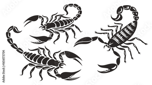 Three stylized black scorpion silhouettes with detailed segmentation and raised tails on a white background