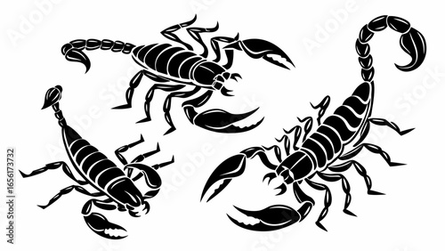 Three stylized black scorpions in tribal tattoo style on a white background