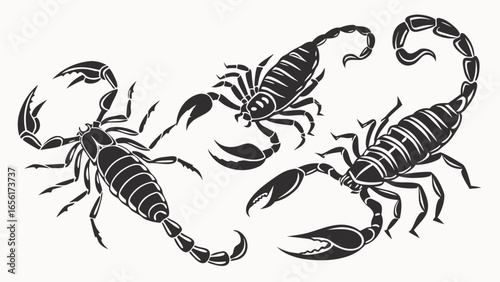 Three stylized black scorpion silhouettes with segmented bodies and curved tails on a white background