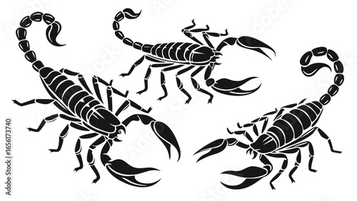 Three stylized black scorpions with segmented bodies and curved tails on a white background