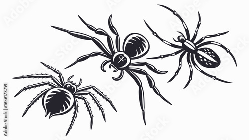 Three stylized black spiders with detailed legs and bodies arranged on a white background