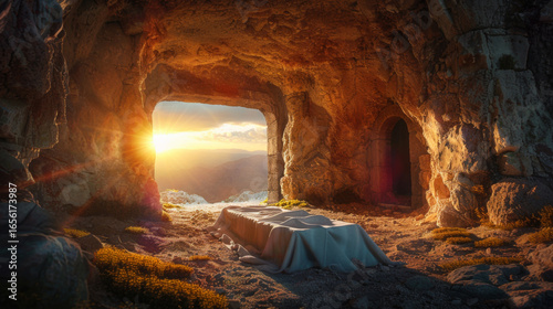 A powerful and symbolic image of the empty tomb at sunrise, representing the resurrection. The stone cave is dimly lit by the golden glow of dawn, casting warm light on the folded burial cloth.