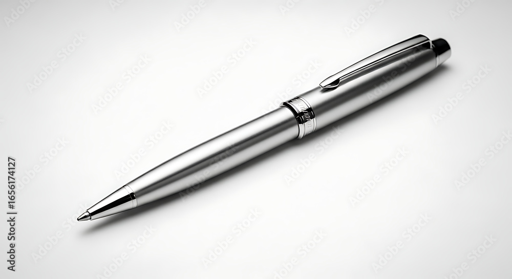 A sleek silver pen resting on a white surface with a clip and fine point in a monochrome image ai generated A sleek silver pen resting on a white surface with a clip and fine point in a monochrome image ai generated