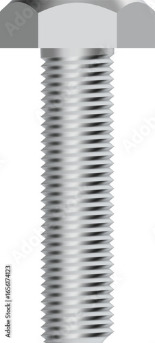 Long metal screw with helical thread standing on a transparent background, creating a visually appealing representation of industrial components
