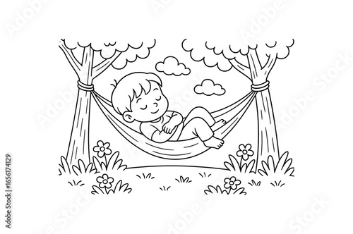 Afternoon nap hammock stroke illustration cute kids coloring book style. Fun and wholesome theme made for children