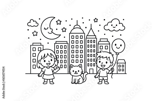 Midnight city skyline stroke illustration cute kids coloring book style. Fun and wholesome theme made for children