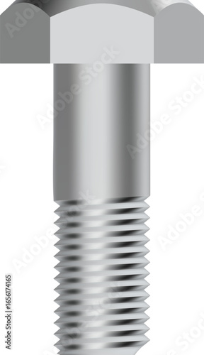 Close up view of a shiny metal bolt featuring a screw thread and a hexagonal head, set against a transparent background, ideal for industrial or construction related designs