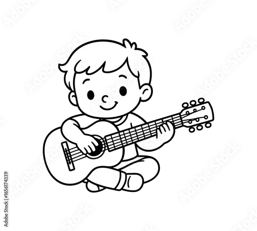 Practicing guitar stroke illustration cute kids coloring book style. Fun and wholesome theme made for children