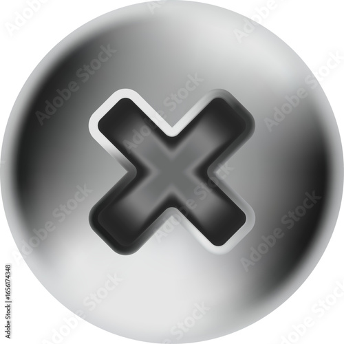 Silver sphere with embedded black cross symbolizing rejection, cancel, negative, wrong or delete in digital interfaces, embossed design with transparent background