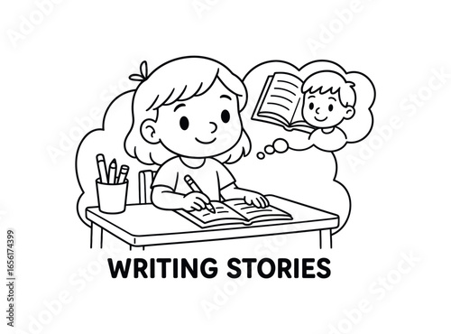 Writing stories stroke illustration cute kids coloring book style. Fun and wholesome theme made for children