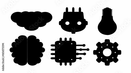 Illustration of artificial intelligence components including cloud brain plug lightbulb chip and gear icon set silhouette