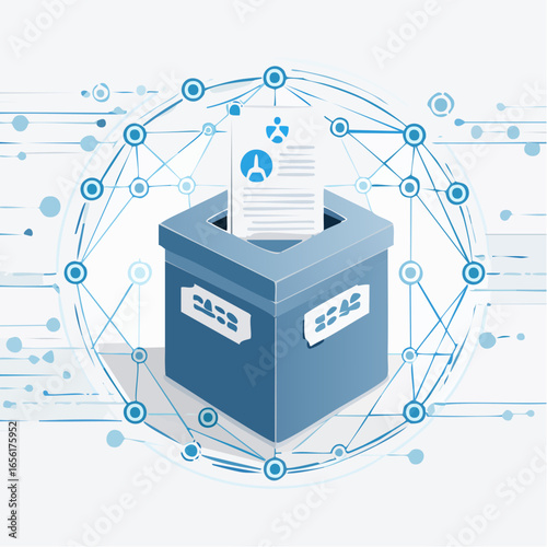 Blockchain voting system vector with ballot box and digital chain. Represents secure digital democracy and modern technology.