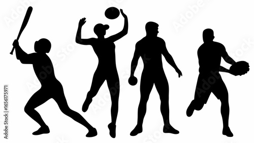 Silhouettes of athletes playing baseball volleyball tennis and football in various action poses shown here