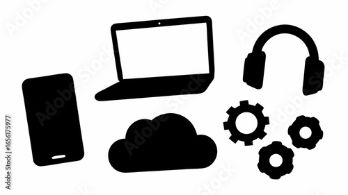 Illustration of a phone, laptop, cloud, headphones and gears against a white colored background view silhouette