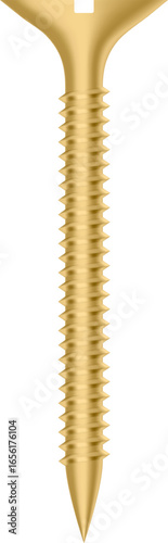 Gold screw isolated on transparent background, macro close up showing threading detail, perfect for hardware, construction, and DIY projects