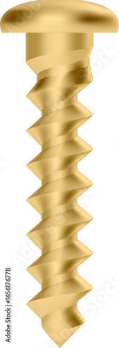 Realistic gold screw featuring detailed threading and a pan head, isolated against a transparent background, ideal for use in hardware, construction, and DIY projects