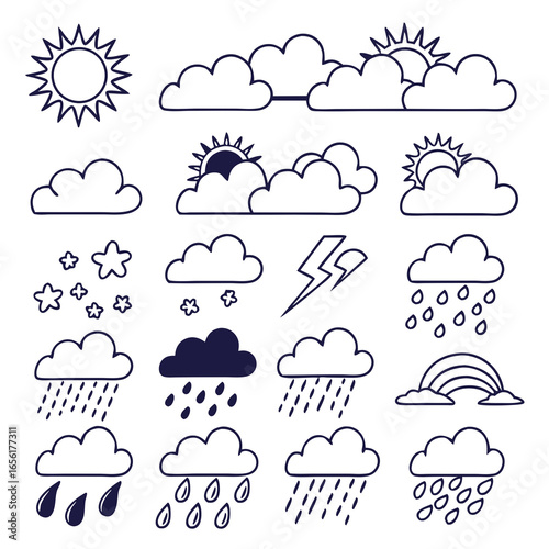 Collection of illustrated weather icons, including sun, clouds, rain, stars, and lightning, presented in a simple line art style.