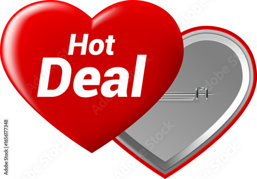 Red heart shaped pin representing a hot deal promotion, expressing love for shopping and special offers designed for cherished customers, enhancing their retail experience