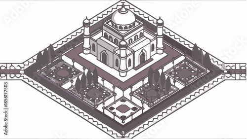 Isometric view of a building with a dome surrounded by gardens in a diamond shaped border design |  editable eps vectors silhouette