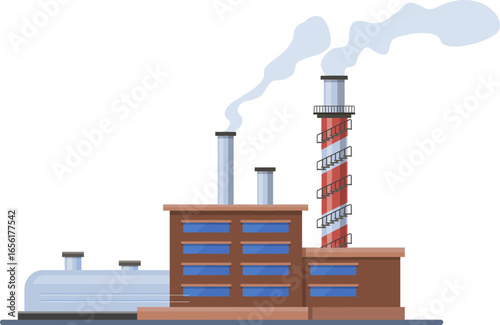Large industrial factory buildings with smoking chimneys polluting the atmosphere with toxic smoke, representing environmental damage and industrial emissions
