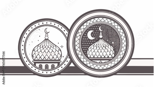 Two oval frames showcasing mosque domes with crescent moons and star details in a monochrome illustration |  editable eps vectors silhouette
