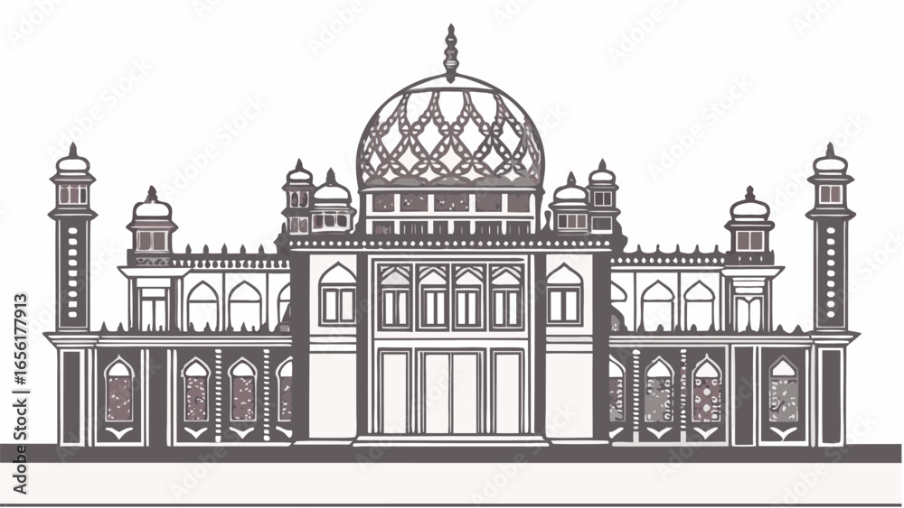 Obraz premium Detailed monochrome illustration of a grand building with a dome and tall minarets on a white background | editable eps vectors silhouette