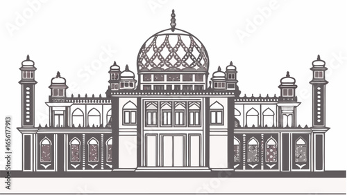 Detailed monochrome illustration of a grand building with a dome and tall minarets on a white background |  editable eps vectors silhouette