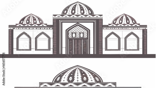 Illustration of a building with domes and arched windows in a symmetrical architectural design style |  editable eps vectors silhouette