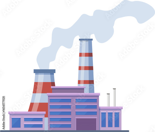Large industrial factory building with smoking chimneys polluting the environment, symbolizing air pollution and environmental damage caused by industrial activities