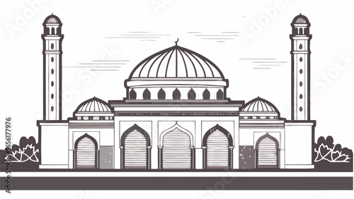 Illustration of a mosque with minarets and domes in black and white architectural drawing style design |  editable eps vectors silhouette