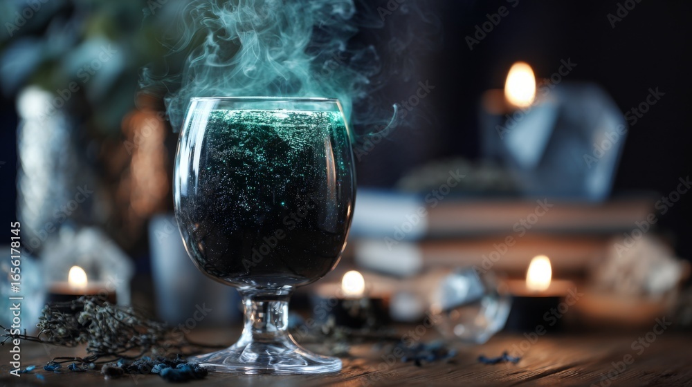Obraz premium Halloween Party Banner Concept. Alcoholic witch creepy orange cocktail in beautiful glass