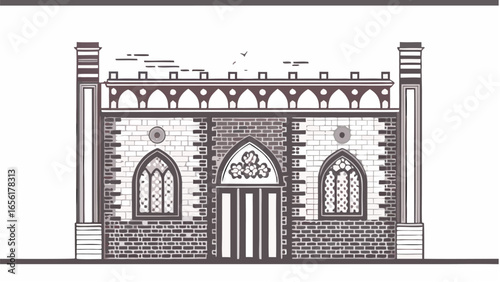 Illustration of a small brick building with gothic windows and decorative elements in black and white style |  editable eps vectors silhouette