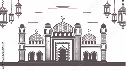 Illustration of a mosque with domes and minarets under lanterns and clouds in black and white style |  editable eps vectors silhouette