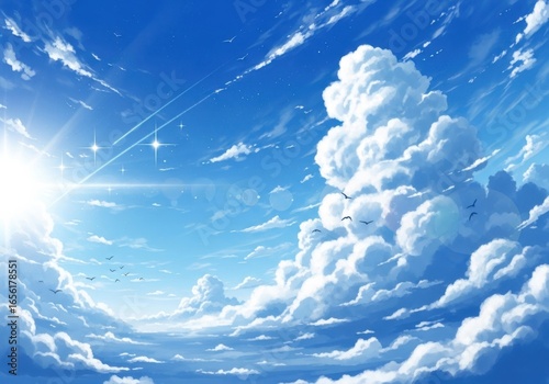 Vast blue sky filled with wispy clouds and bright sunlight