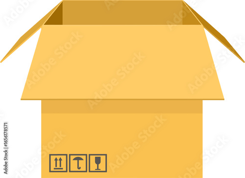 Open yellow cardboard box with packaging symbols is waiting to be filled, offering ample space for customized designs and branding elements