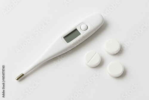Digital thermometer and three medication tablets, evoking themes of healthcare, wellness, and treatment in clinical