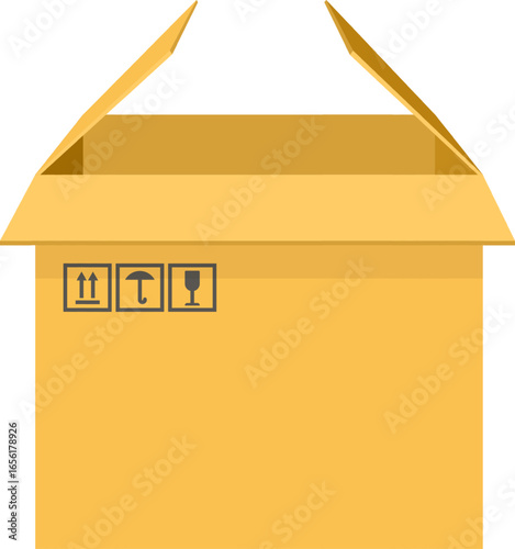 Open cardboard box featuring packaging symbols, waiting for contents on a transparent background, representing concepts of delivery, relocation, and logistics in various industries