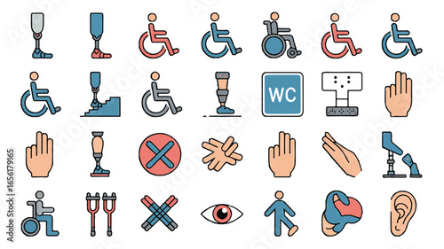 Disability and Accessibility Symbol Set with Wheelchairs Prosthetics and Other Assistive Devices for Universal Design