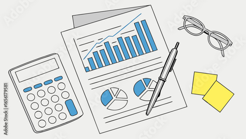 Business and Finance Tools Charts Calculator Pen Glasses.