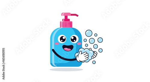 Cartoon Liquid Soap Character Washing Hands with Bubbles for Hygiene and Health