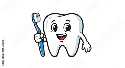 Smiling cartoon tooth mascot character holding a blue toothbrush, promoting dental hygiene and oral health care.